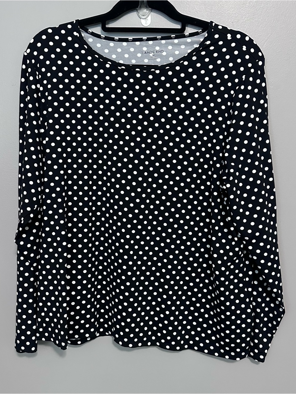 Lands End Women's Size 1X Black White Polka Dot Long Sleeve Rash Guard Swim Top